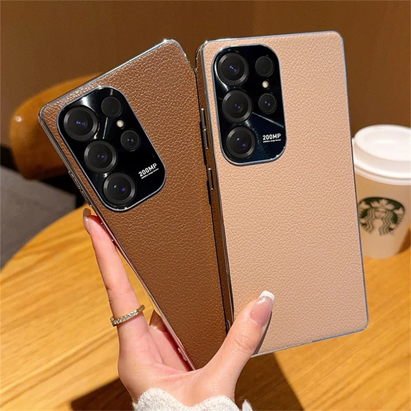 For Samsung Galaxy S25 Ultra Case Electroplating Edge Litchi Texture Leather + PC Phone Cover - Pink Coffee