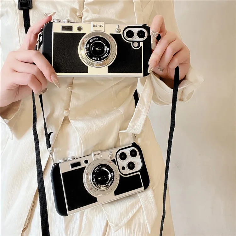 For iPhone 14 Pro Case Vintage Style Camera Design Phone Cover with Crossbody Strap