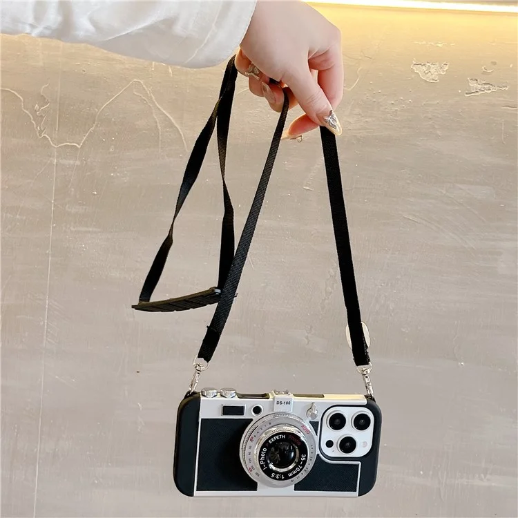 For iPhone 14 Pro Case Vintage Style Camera Design Phone Cover with Crossbody Strap