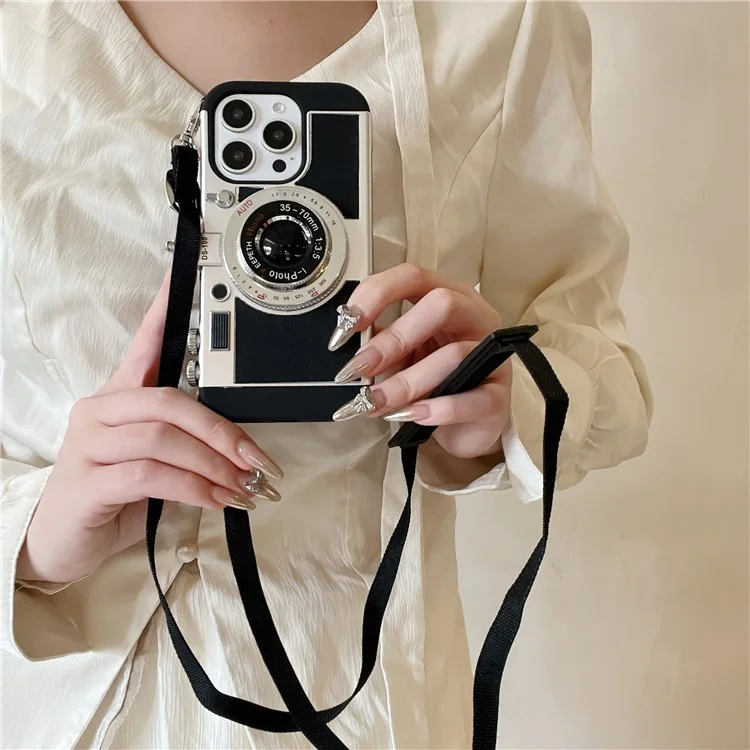 For iPhone 14 Pro Case Vintage Style Camera Design Phone Cover with Crossbody Strap