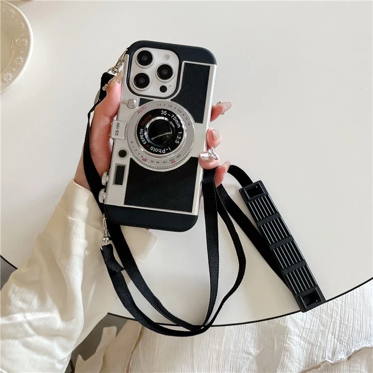 For iPhone 14 Pro Case Vintage Style Camera Design Phone Cover with Crossbody Strap