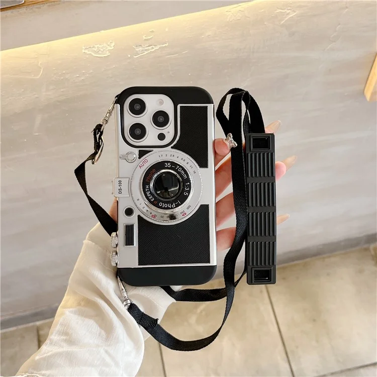 For iPhone 14 Pro Case Vintage Style Camera Design Phone Cover with Crossbody Strap