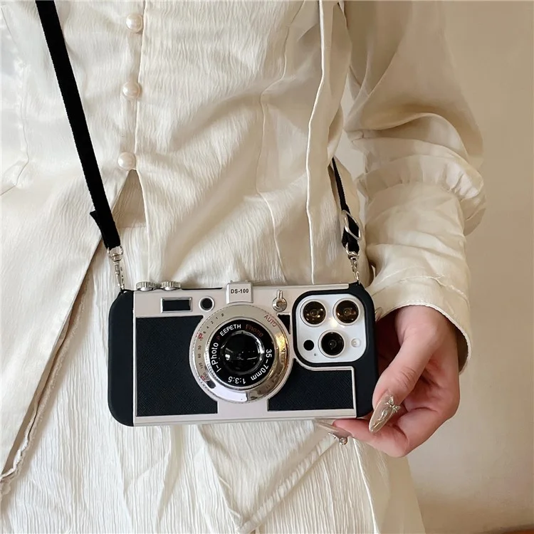 For iPhone 14 Pro Case Vintage Style Camera Design Phone Cover with Crossbody Strap