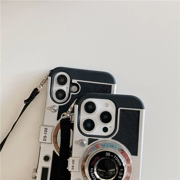 For iPhone 16 Pro Case Vintage Style Camera Design Phone Cover with Crossbody Strap
