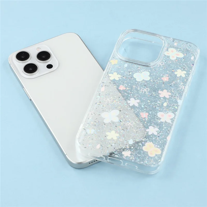 For iPhone 15 Pro Max Case Shiny IMD TPU + Acrylic Phone Cover Large Camera Cutout - Painted Butterflies