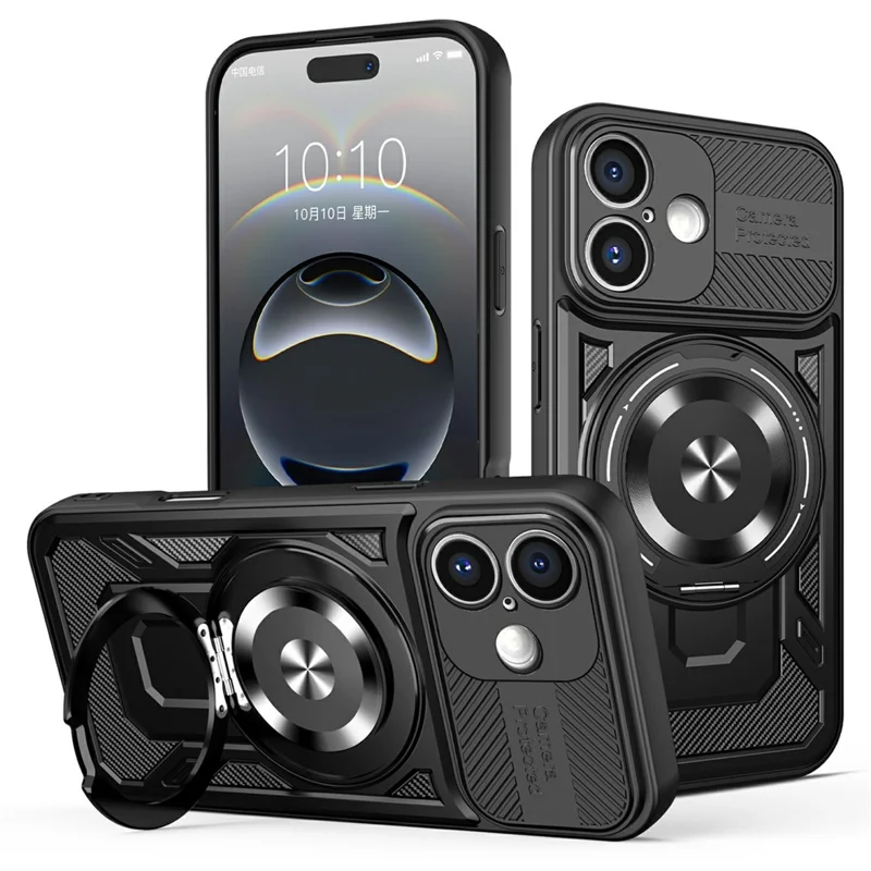 For iPhone 16 Magnetic Case Rotating Kickstand TPU + PC Phone Cover - Black