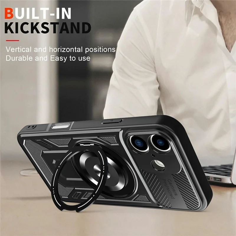 For iPhone 16 Magnetic Case Rotating Kickstand TPU + PC Phone Cover - Black