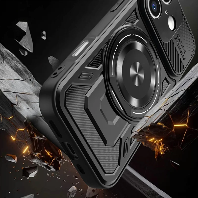 For iPhone 16 Magnetic Case Rotating Kickstand TPU + PC Phone Cover - Black