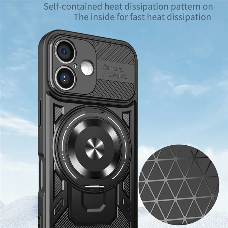 For iPhone 16 Magnetic Case Rotating Kickstand TPU + PC Phone Cover - Black