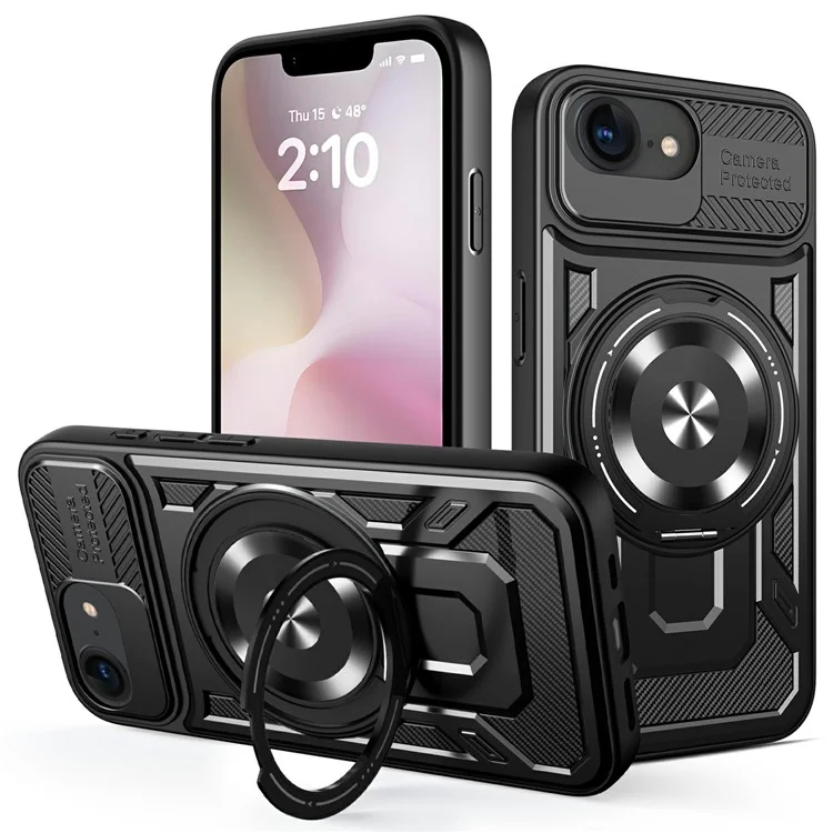 Étui magnétique pour iPhone 16e avec support rotatif en TPU + PC - Noir