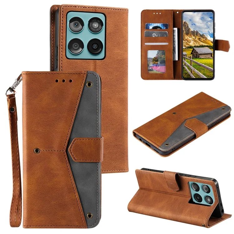 Funda de Cuero para Motorola Edge 60 Fusion 5G con Cartera y Costura Combinada, Correa de Muñeca - Marrón