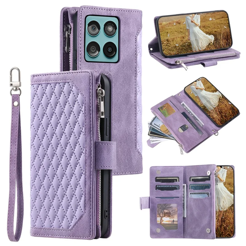 Style 005 For Motorola Edge 60 5G / 60 Fusion 5G Wallet Case Rhombus Stitching Line PU Leather Phone Cover - Purple