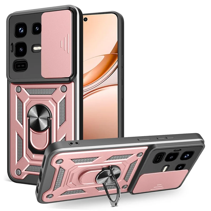 For Infinix Note 50 Pro 4G Case with Slide Camera Lid PC + TPU Kickstand Phone Cover - Rose Gold