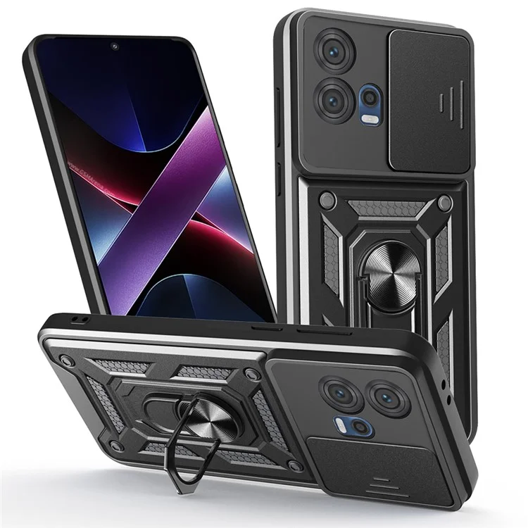 Funda para Motorola Edge 30 Fusion 5G / Moto S30 Pro 5G con Tapa Deslizante para Cámara, Carcasa PC + TPU con Soporte - Negro