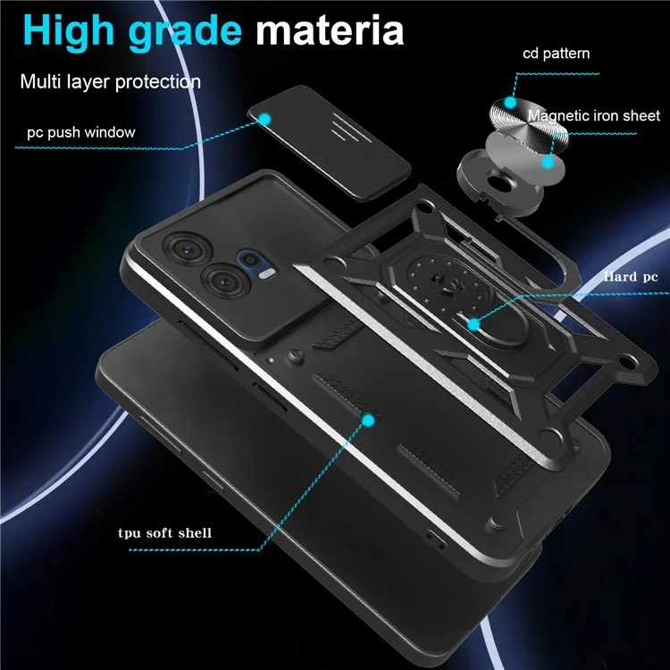 Funda para Motorola Edge 30 Fusion 5G / Moto S30 Pro 5G con Tapa Deslizante para Cámara, Carcasa PC + TPU con Soporte - Negro