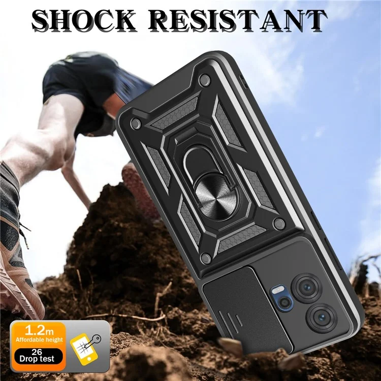 Funda para Motorola Edge 30 Fusion 5G / Moto S30 Pro 5G con Tapa Deslizante para Cámara, Carcasa PC + TPU con Soporte - Negro