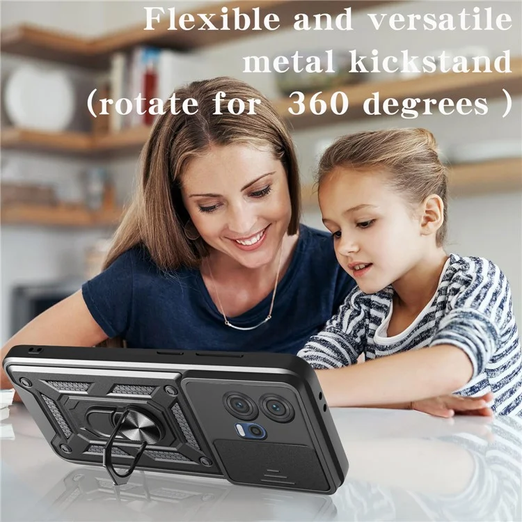 Funda para Motorola Edge 30 Fusion 5G / Moto S30 Pro 5G con Tapa Deslizante para Cámara, Carcasa PC + TPU con Soporte - Negro