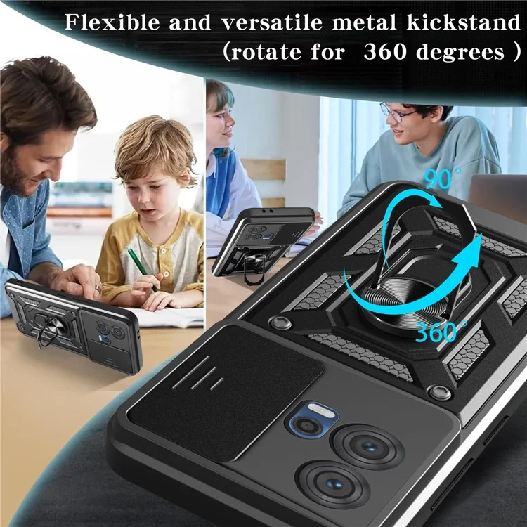 Funda para Motorola Edge 30 Fusion 5G / Moto S30 Pro 5G con Tapa Deslizante para Cámara, Carcasa PC + TPU con Soporte - Negro