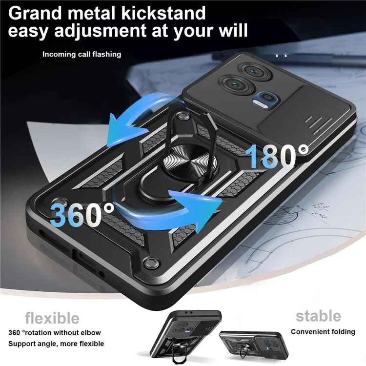 Funda para Motorola Edge 30 Fusion 5G / Moto S30 Pro 5G con Tapa Deslizante para Cámara, Carcasa PC + TPU con Soporte - Negro