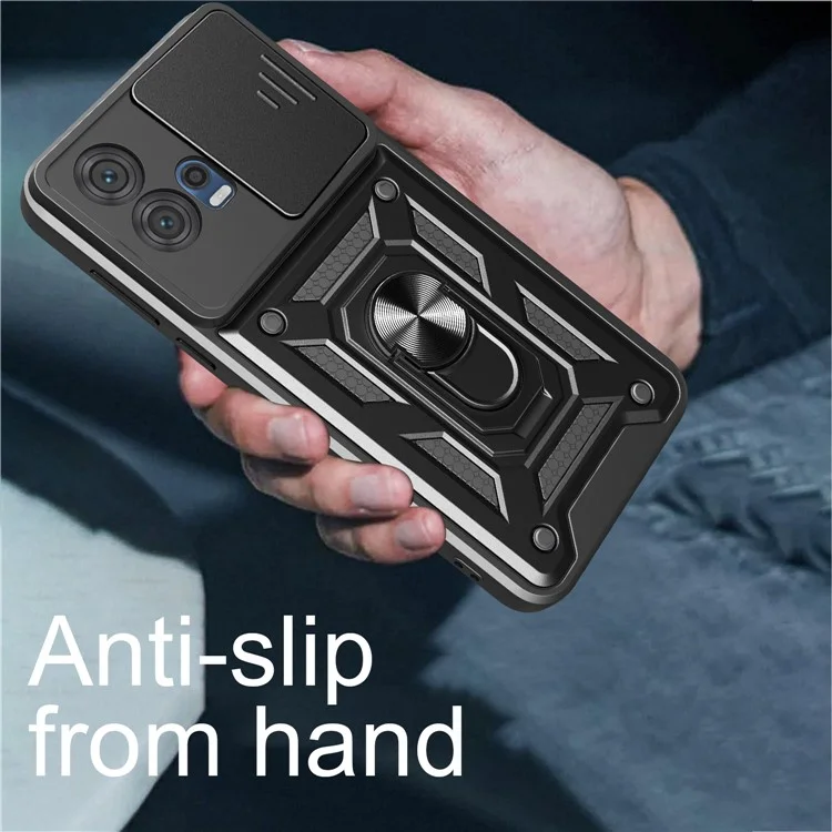 Funda para Motorola Edge 30 Fusion 5G / Moto S30 Pro 5G con Tapa Deslizante para Cámara, Carcasa PC + TPU con Soporte - Negro