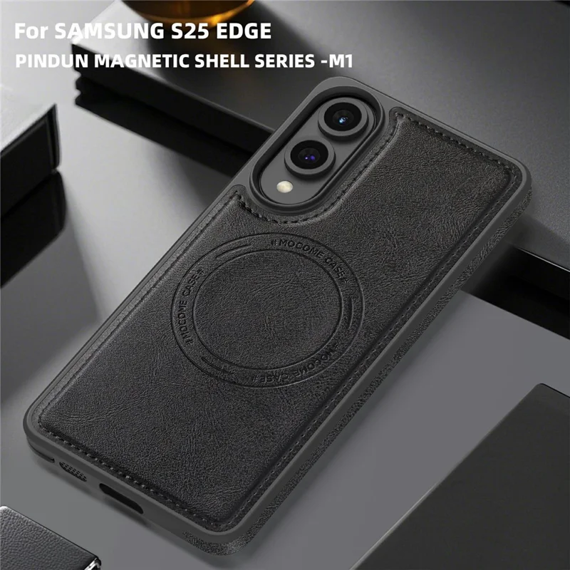 For Samsung Galaxy S25 Edge Case Compatible with MagSafe Leather Back Phone Cover - Black
