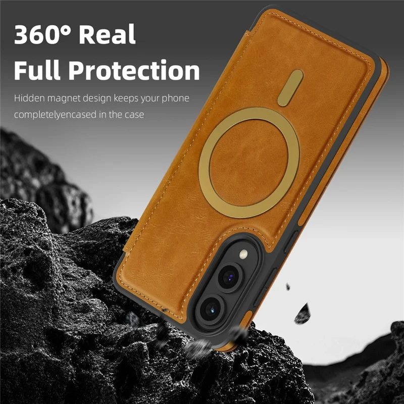 Capa para Samsung Galaxy S25 Edge Compatível com MagSafe, Bloqueio RFID, Porta-cartões, Couro - Marrom