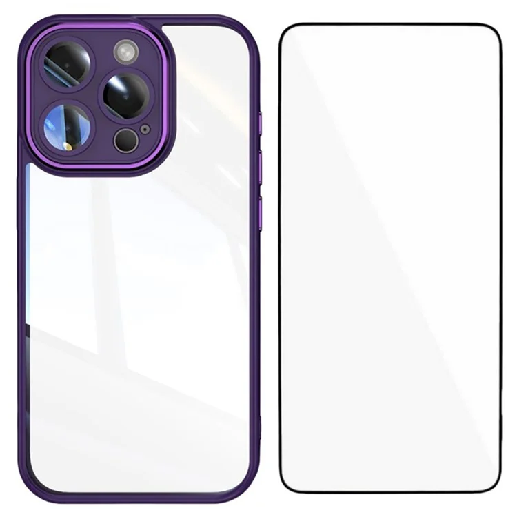 WANLONFENG Para iPhone 16 Pro Max Funda TPU con Película de Cristal Templado + Película de Lente Integrada + Botones Metálicos - Morado Oscuro