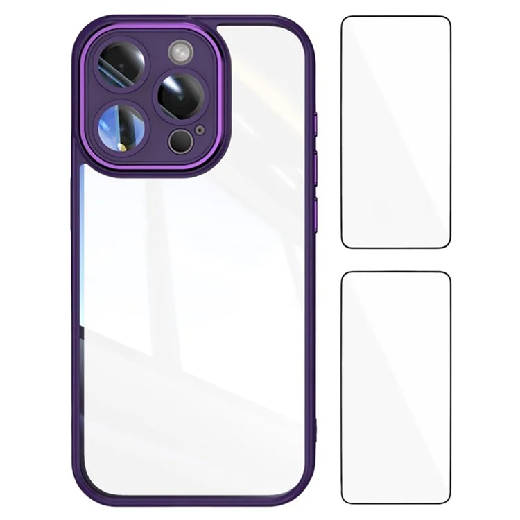 WANLONFENG Para iPhone 16 Pro Max Funda TPU con 2 Láminas de Cristal Templado + Lámina de Objetivo Integrada + Botones Metálicos - Morado Oscuro