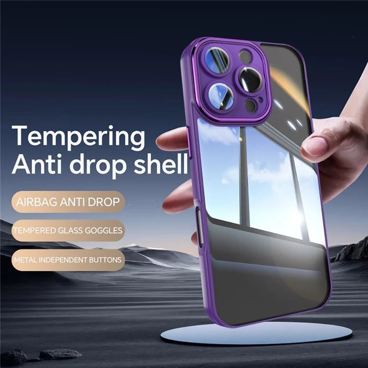 WANLONFENG Para iPhone 16 Pro Max Funda TPU con 2 Láminas de Cristal Templado + Lámina de Objetivo Integrada + Botones Metálicos - Morado Oscuro