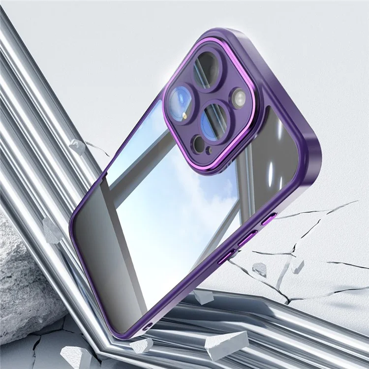 WANLONFENG Para iPhone 16 Pro Max Funda TPU con 2 Láminas de Cristal Templado + Lámina de Objetivo Integrada + Botones Metálicos - Morado Oscuro