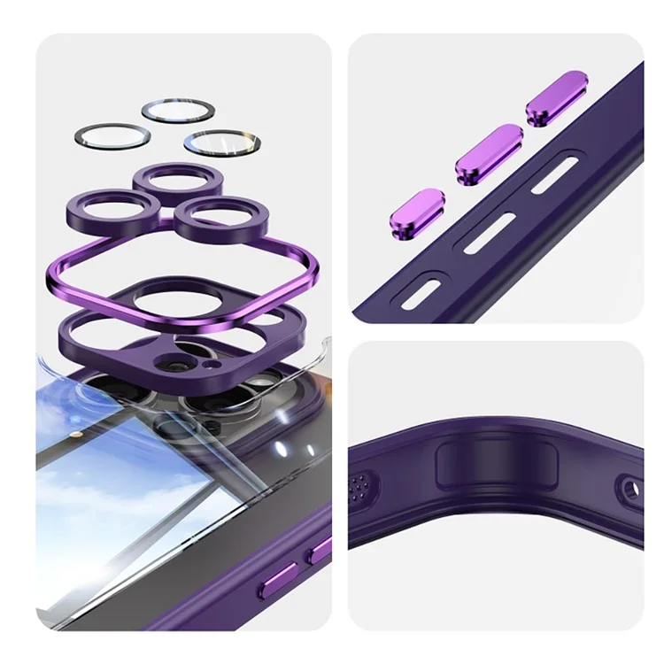 WANLONFENG Para iPhone 16 Pro Max Funda TPU con 2 Láminas de Cristal Templado + Lámina de Objetivo Integrada + Botones Metálicos - Morado Oscuro