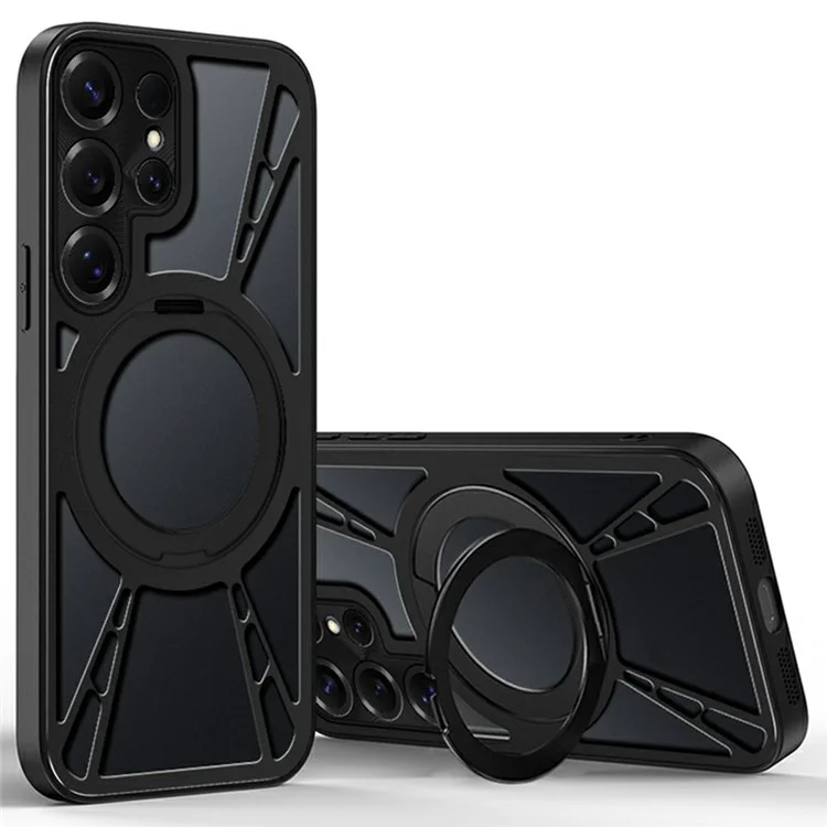 For Samsung Galaxy S25 Ultra Case Magnetic Kickstand Hollow Heat Dissipation Silicone + PC + Metal Bumper Phone Cover - Black