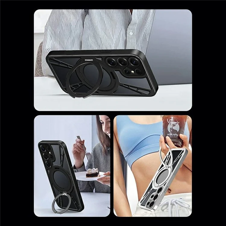 For Samsung Galaxy S25 Ultra Case Magnetic Kickstand Hollow Heat Dissipation Silicone + PC + Metal Bumper Phone Cover - Black
