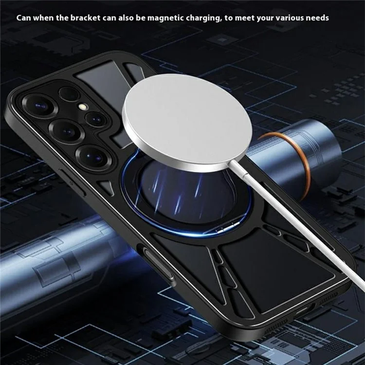 For Samsung Galaxy S25 Ultra Case Magnetic Kickstand Hollow Heat Dissipation Silicone + PC + Metal Bumper Phone Cover - Black