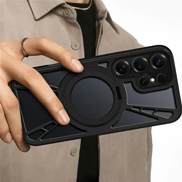 For Samsung Galaxy S25 Ultra Case Magnetic Kickstand Hollow Heat Dissipation Silicone + PC + Metal Bumper Phone Cover - Black