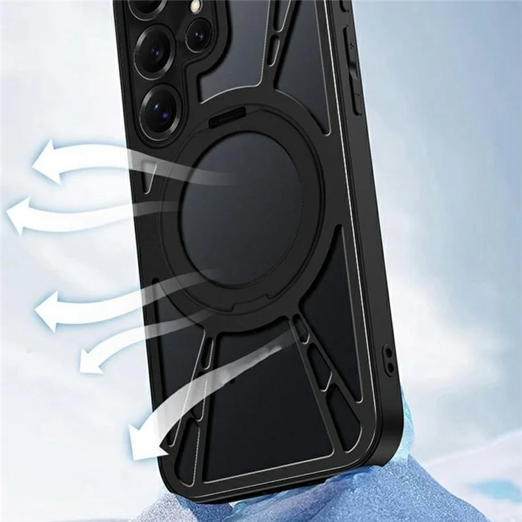 For Samsung Galaxy S25 Ultra Case Magnetic Kickstand Hollow Heat Dissipation Silicone + PC + Metal Bumper Phone Cover - Black