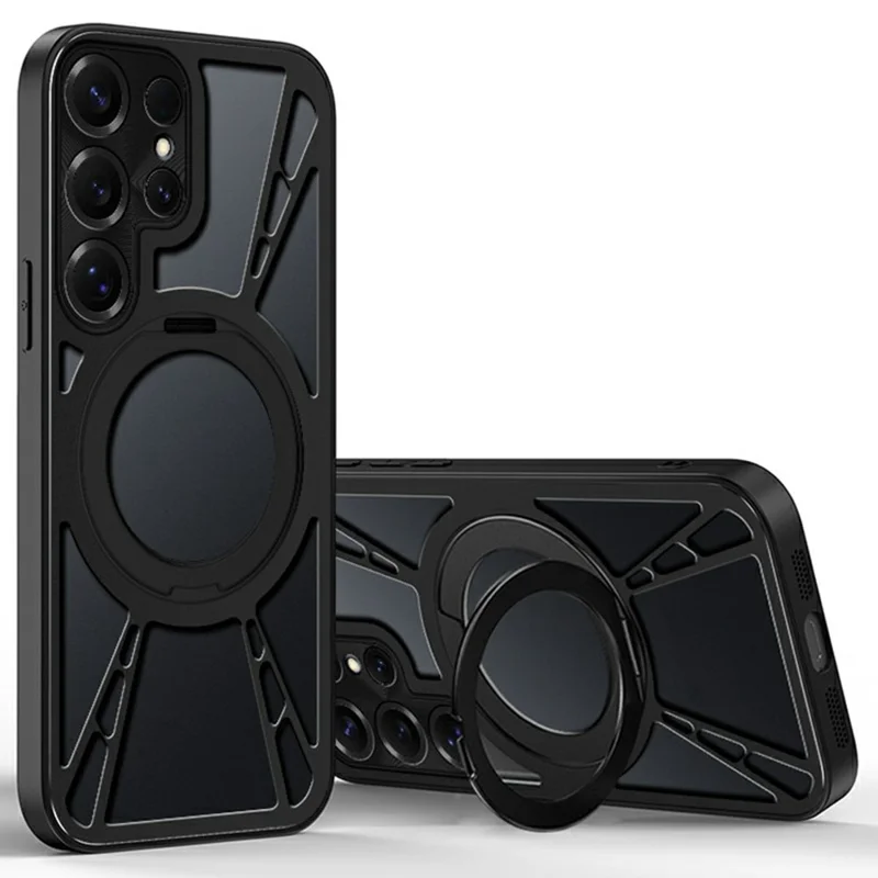 For Samsung Galaxy S23 Ultra Case Magnetic Kickstand Hollow Heat Dissipation Silicone + PC + Metal Bumper Phone Cover - Black