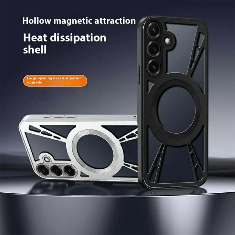 Samsung Galaxy S24 Hülle Magnetisch Hohl Wärmeableitung Silikon + PC + Metall Stoßstange Handyhülle - Schwarz