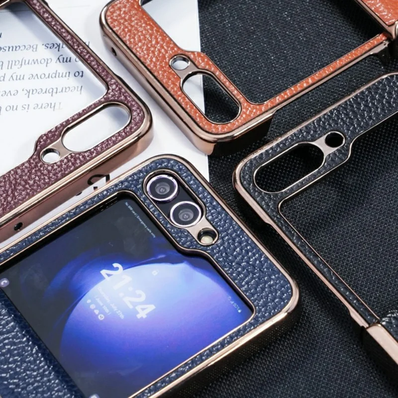 For Samsung Galaxy Z Flip5 5G Case Electroplated Leather + PC Phone Cover with Invisible Kickstand - Blue