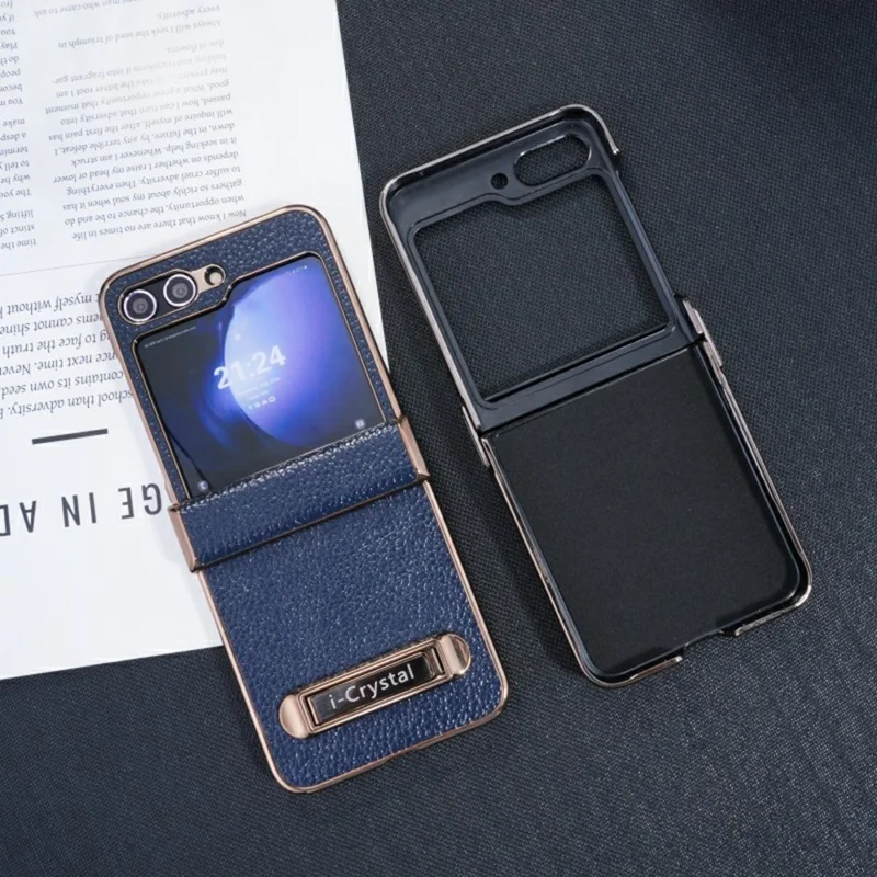 For Samsung Galaxy Z Flip5 5G Case Electroplated Leather + PC Phone Cover with Invisible Kickstand - Blue