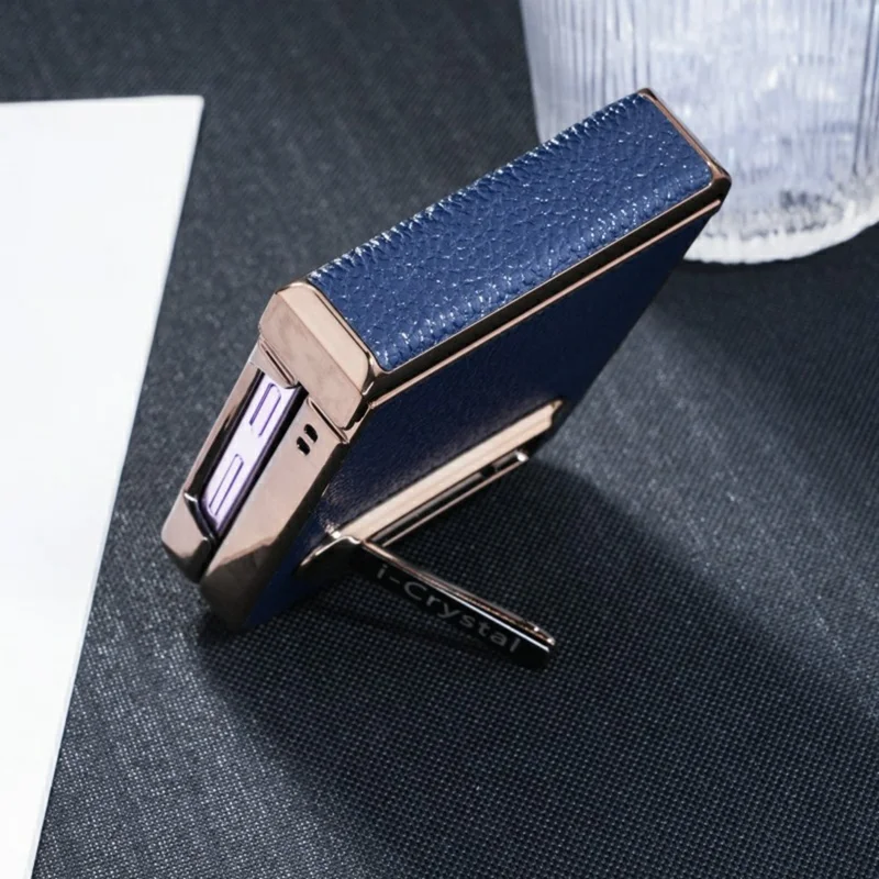 For Samsung Galaxy Z Flip5 5G Case Electroplated Leather + PC Phone Cover with Invisible Kickstand - Blue
