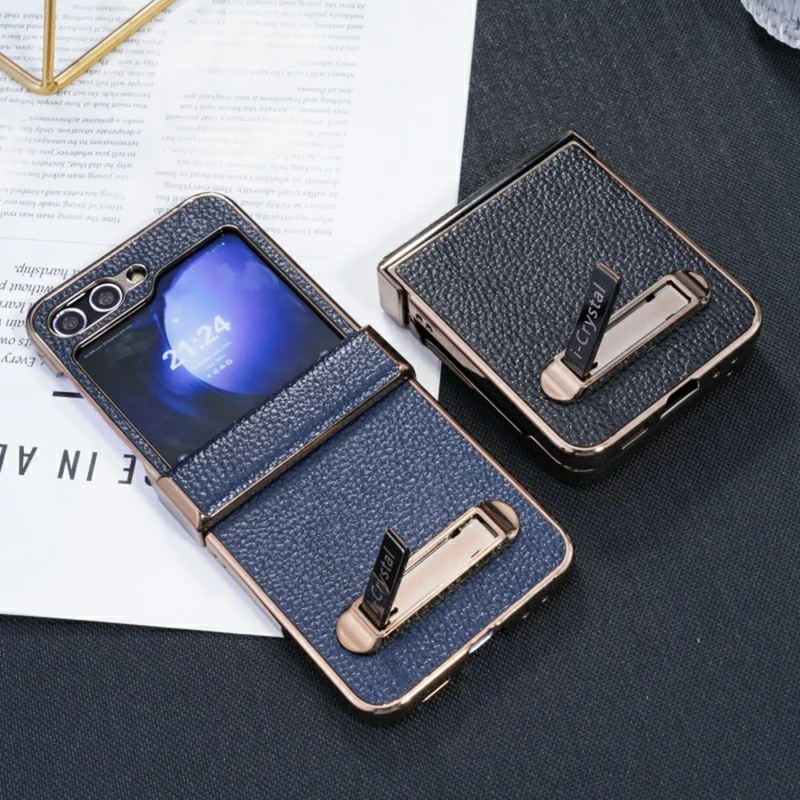 For Samsung Galaxy Z Flip5 5G Case Electroplated Leather + PC Phone Cover with Invisible Kickstand - Blue