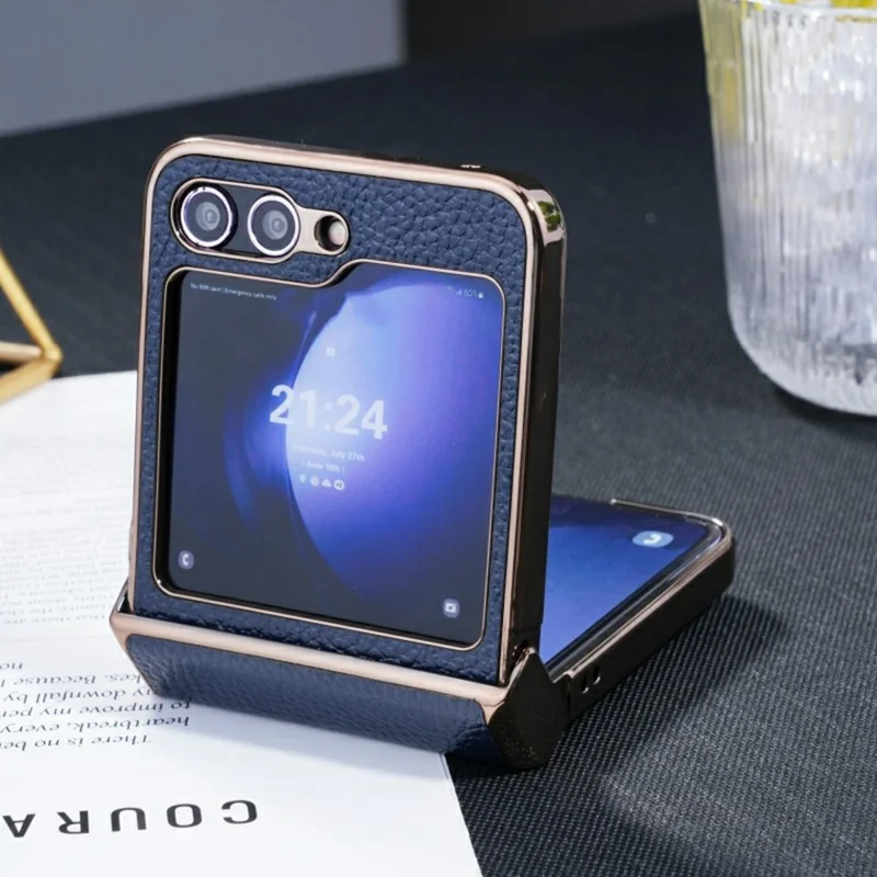 For Samsung Galaxy Z Flip5 5G Case Electroplated Leather + PC Phone Cover with Invisible Kickstand - Blue