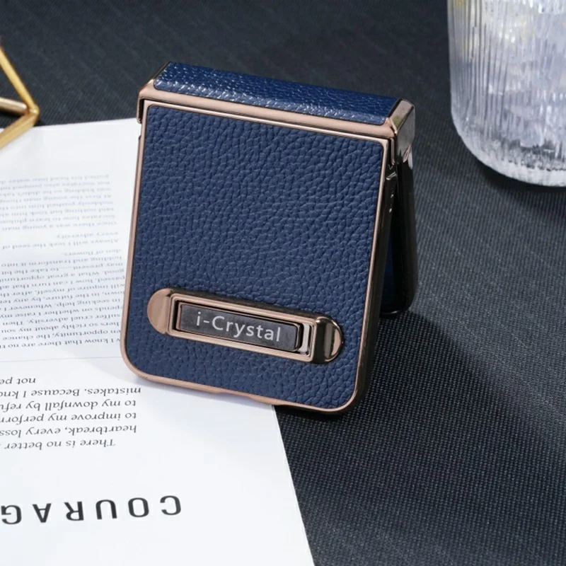 For Samsung Galaxy Z Flip5 5G Case Electroplated Leather + PC Phone Cover with Invisible Kickstand - Blue