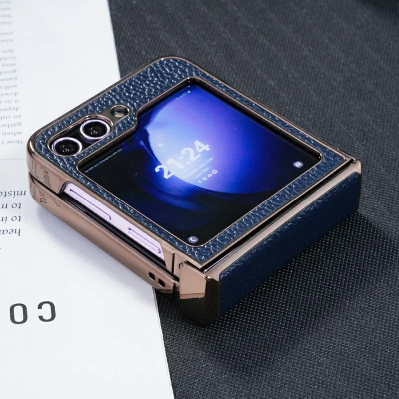 For Samsung Galaxy Z Flip5 5G Case Electroplated Leather + PC Phone Cover with Invisible Kickstand - Blue