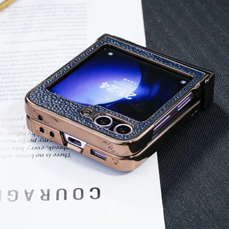For Samsung Galaxy Z Flip5 5G Case Electroplated Leather + PC Phone Cover with Invisible Kickstand - Blue