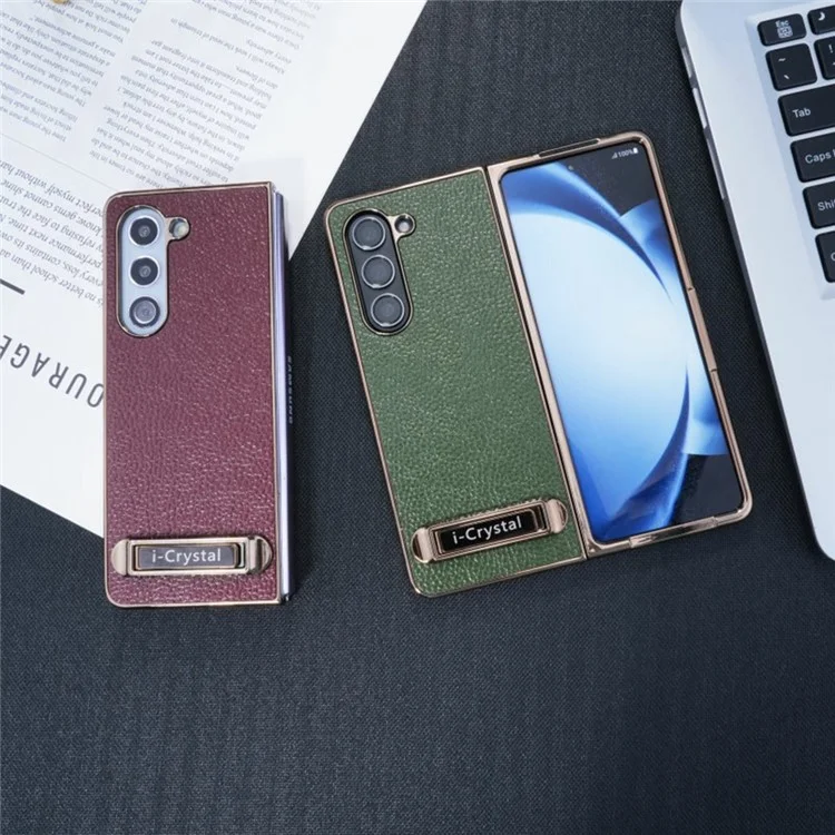 For Samsung Galaxy Z Fold5 5G Case Electroplated Leather + PC Phone Cover with Invisible Kickstand - Green