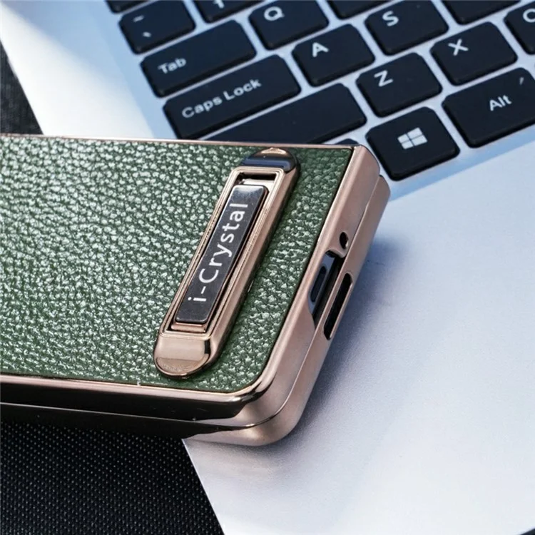 For Samsung Galaxy Z Fold5 5G Case Electroplated Leather + PC Phone Cover with Invisible Kickstand - Green