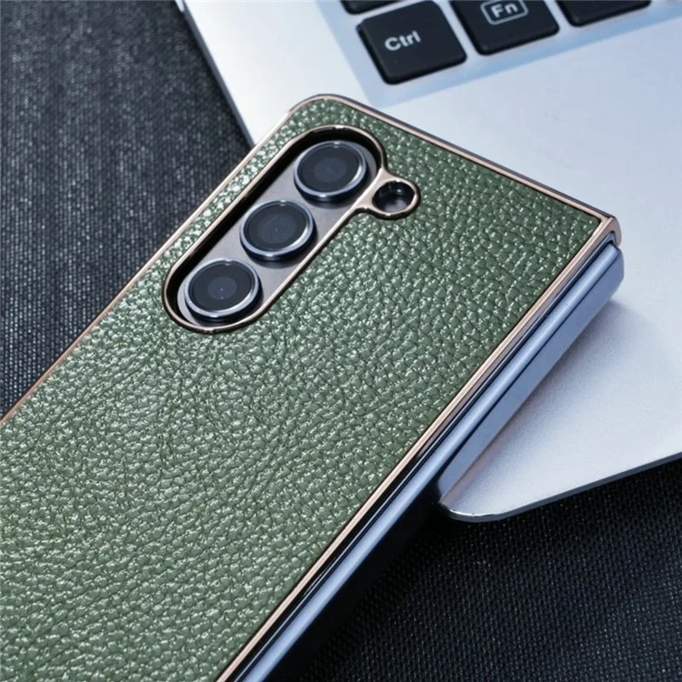 For Samsung Galaxy Z Fold5 5G Case Electroplated Leather + PC Phone Cover with Invisible Kickstand - Green