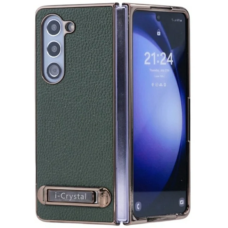 For Samsung Galaxy Z Fold6 5G Case Electroplated Leather + PC Phone Cover with Invisible Kickstand - Green